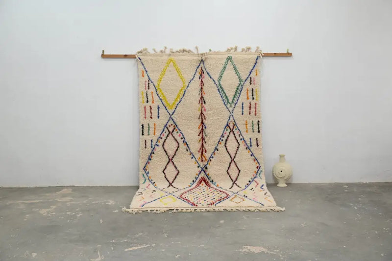 Handmade traditional beige azilal rug bedroom geometric decor