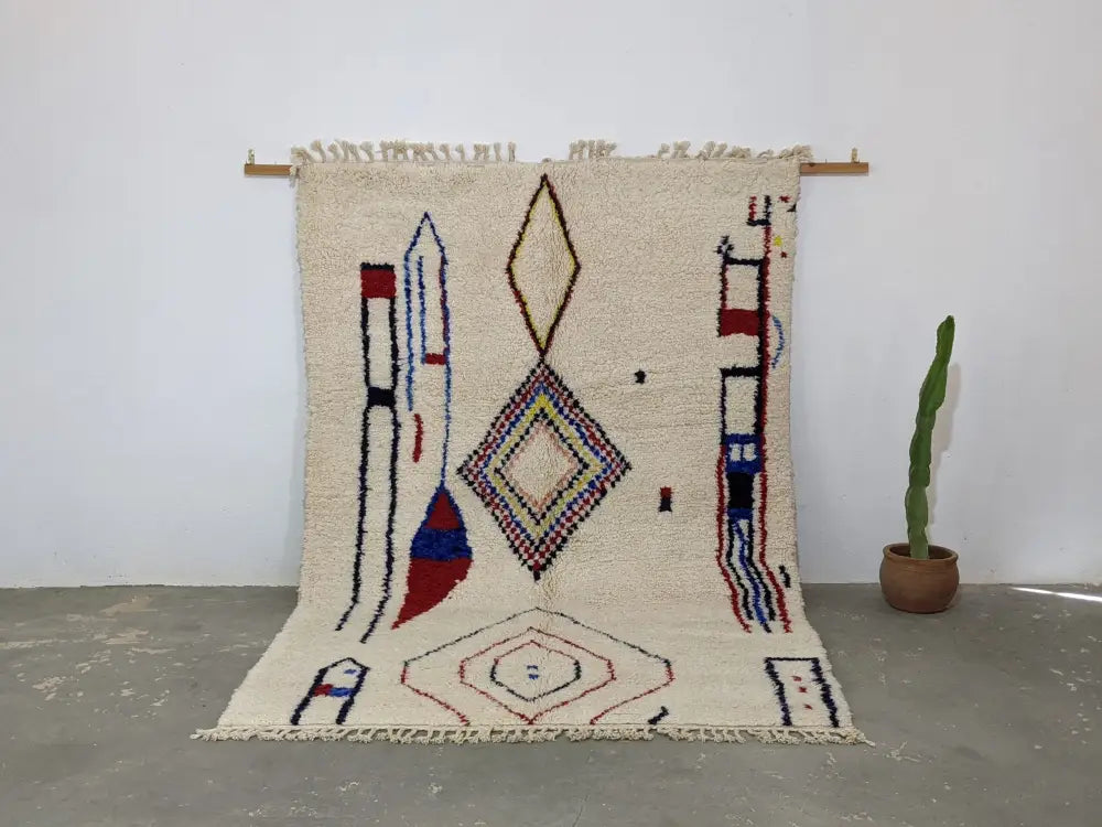 Handmade cream geometric azilal rug bedroom moroccan traditional carpet