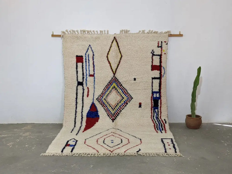Handmade cream geometric azilal rug bedroom moroccan traditional carpet