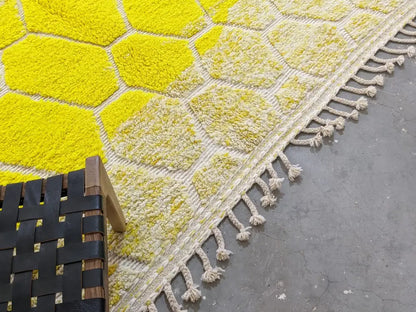 Vibrant yellow honeycomb azilal rug living room moroccan handmade
