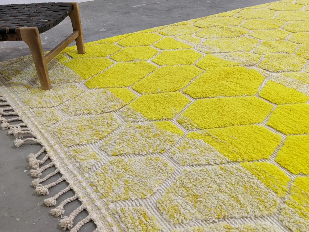 Vibrant yellow honeycomb azilal rug living room moroccan handmade
