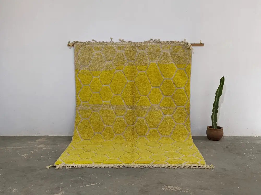 Vibrant yellow honeycomb azilal rug living room moroccan handmade