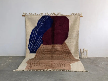 Traditional beige & blue azilal rug – living room moroccan handmade wool