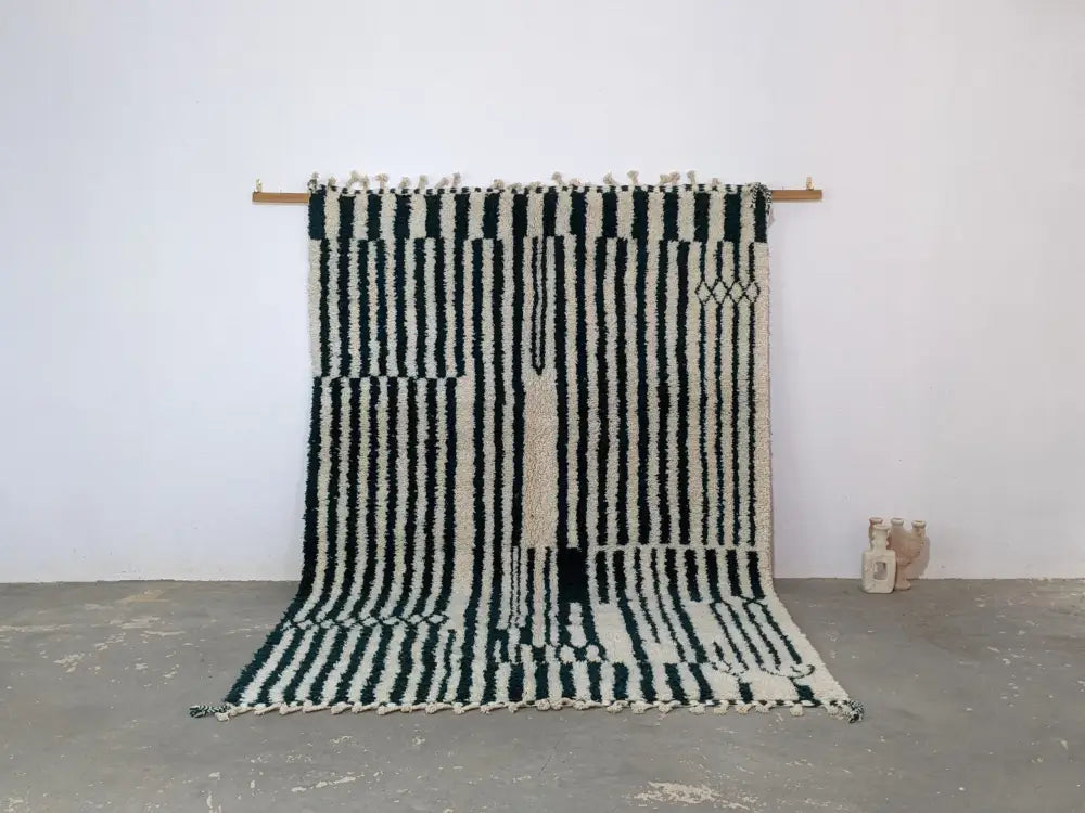 Handmade moroccan azilal rug black & cream living room wool carpet