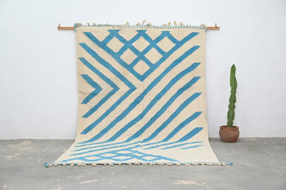 Beige & blue moroccan handmade azilal rug living room decor