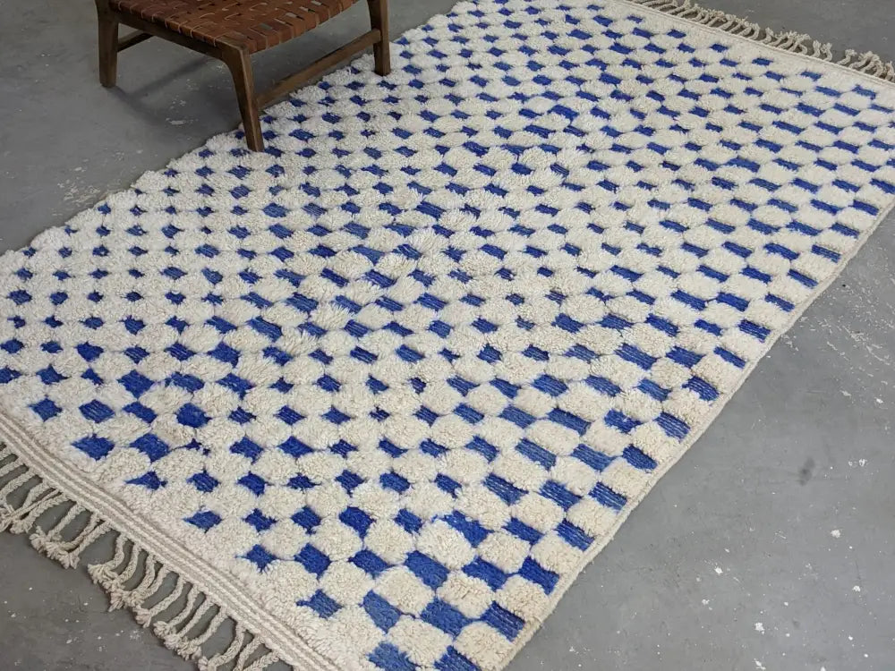Blue and cream checkered moroccan handmade beni ouarain rug bedroom