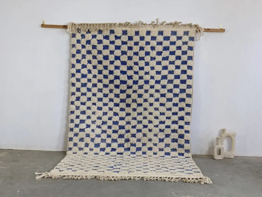 Blue and cream checkered moroccan handmade beni ouarain rug bedroom