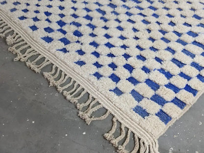 Blue and cream checkered moroccan handmade beni ouarain rug bedroom