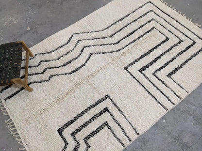 Handmade beni ouarain rug cream & black geometric living room decor