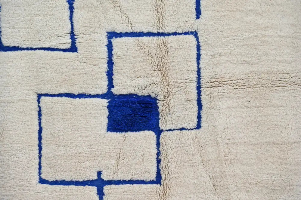 Handmade beige & blue beni ouarain rug – living room geometric decor