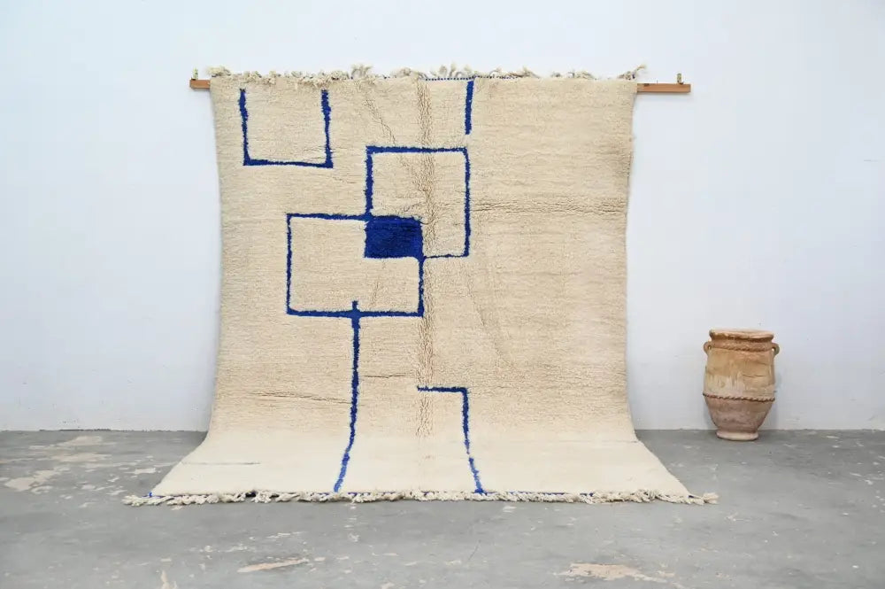 Handmade beige & blue beni ouarain rug – living room geometric decor