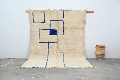 Handmade beige & blue beni ouarain rug – living room geometric decor