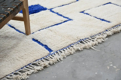 Handmade beige & blue beni ouarain rug – living room geometric decor