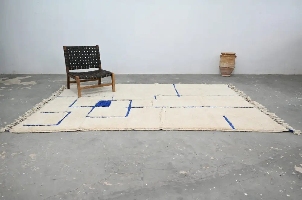 Handmade beige & blue beni ouarain rug – living room geometric decor