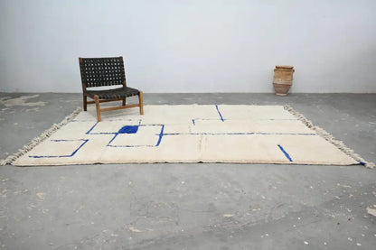 Handmade beige & blue beni ouarain rug – living room geometric decor