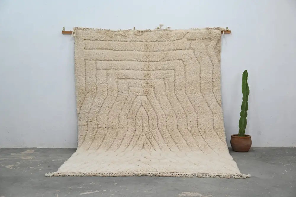 Handmade beni ouarain rug cream wavy wool carpet for living room