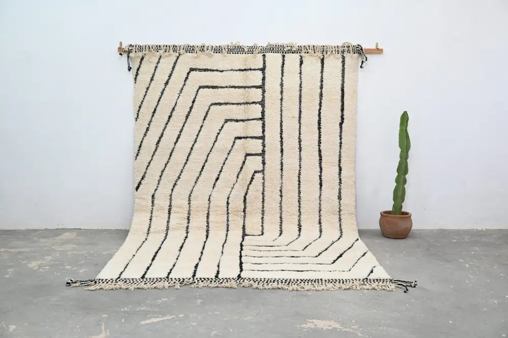 Handmade beni ouarain rug cream and black geometric living room decor