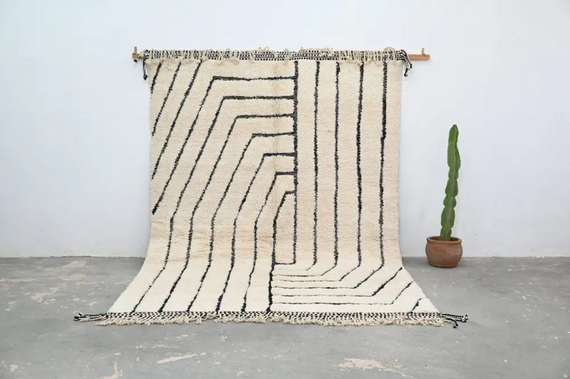 Handmade beni ouarain rug cream and black geometric living room decor