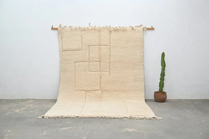 Handmade beige geometric beni ouarain rug bedroom wool decor