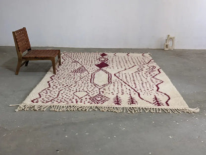 Handmade beige & burgundy beni ouarain rug living room wool decor