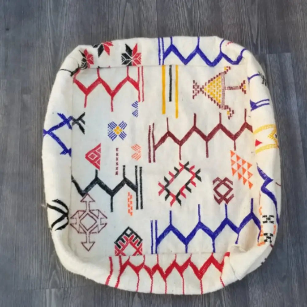 Moroccan handmade off-white embroidered square pouf living room 60cm x 60cm