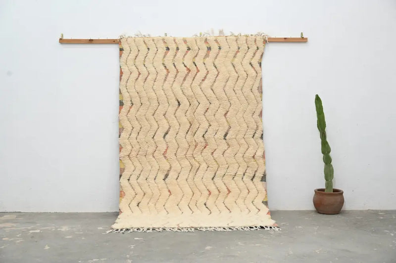 Handmade traditional azilal rug cream zigzag living room decor