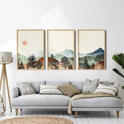 Watercolor mountain wall art set with wood frames for bedroom