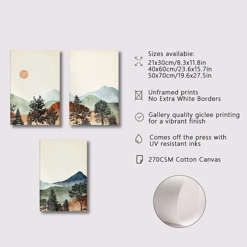 Watercolor mountain wall art set with wood frames for bedroom