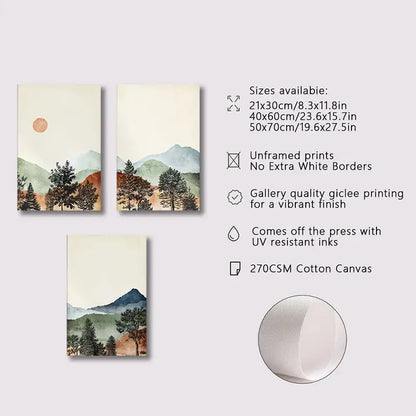 Watercolor mountain wall art set with wood frames for bedroom