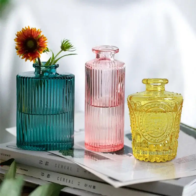 Ornate ribbed multicolor glass vase set living room flower pot