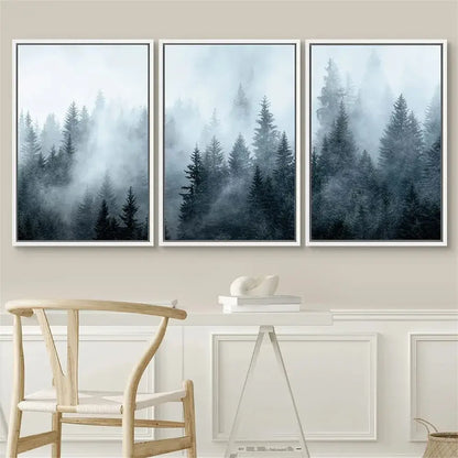 Misty blue & gray forest landscape canvas print set bedroom wall art