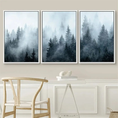 Misty blue & gray forest landscape canvas print set bedroom wall art