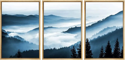 Misty blue & gray forest landscape canvas print set bedroom wall art