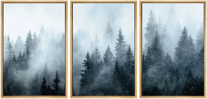 Misty blue & gray forest landscape canvas print set bedroom wall art