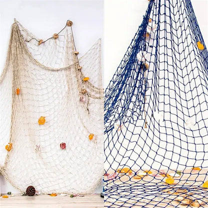 Nautical theme beige & navy blue fishing net wall decor living room