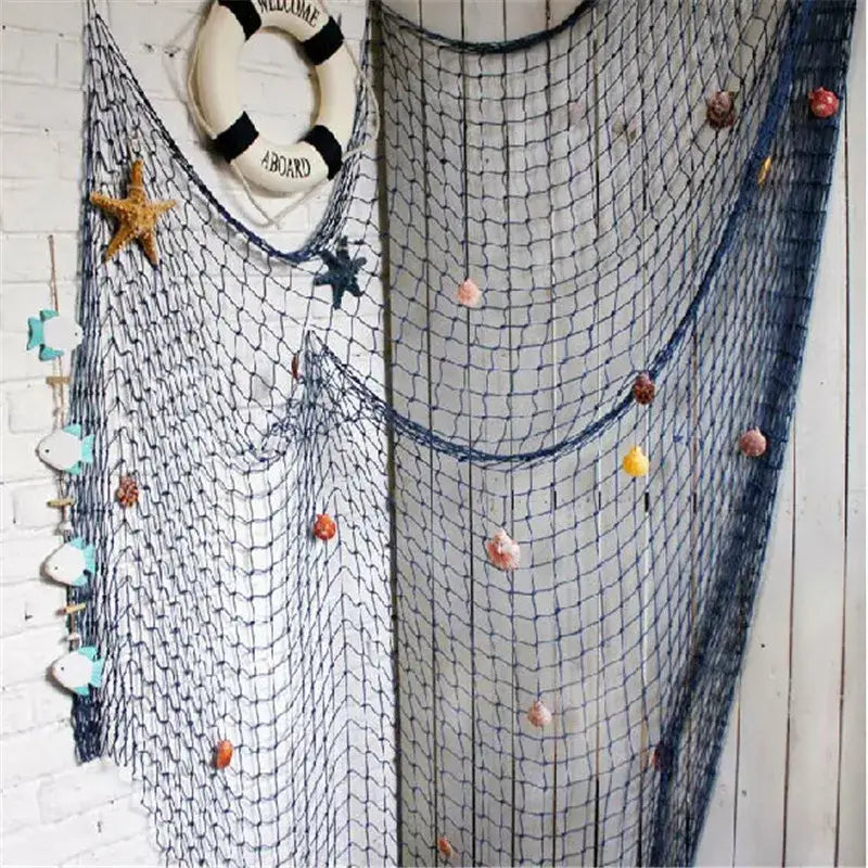 Nautical theme beige & navy blue fishing net wall decor living room