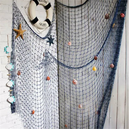 Nautical theme beige & navy blue fishing net wall decor living room