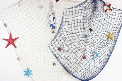 Nautical theme beige & navy blue fishing net wall decor living room