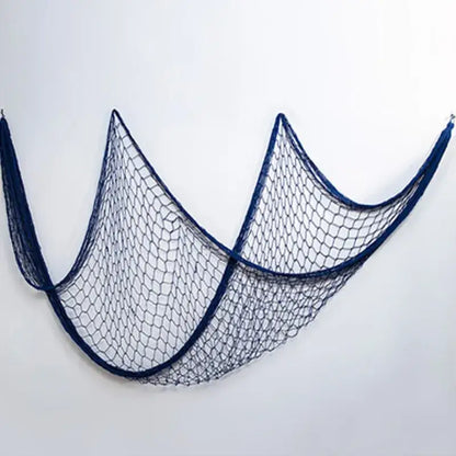 Nautical theme beige & navy blue fishing net wall decor living room