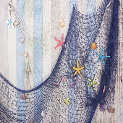 Nautical theme beige & navy blue fishing net wall decor living room