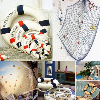 Nautical theme beige & navy blue fishing net wall decor living room