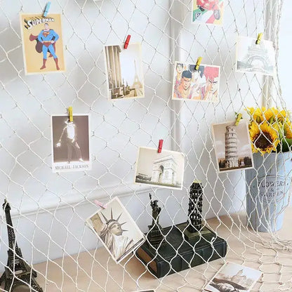 Nautical theme beige & navy blue fishing net wall decor living room
