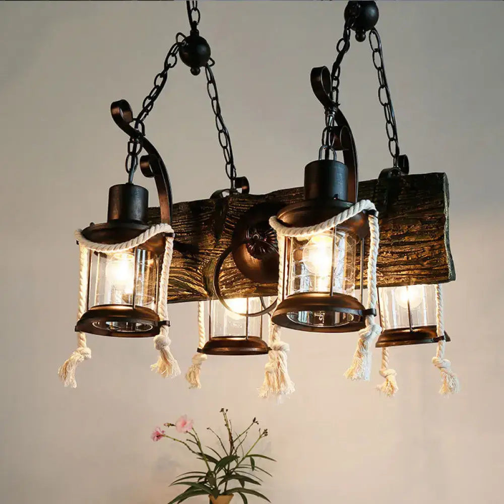 Rustic wood island lamp with hemp rope lanterns kitchen chandelier