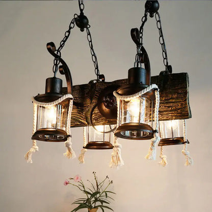 Rustic wood island lamp with hemp rope lanterns kitchen chandelier