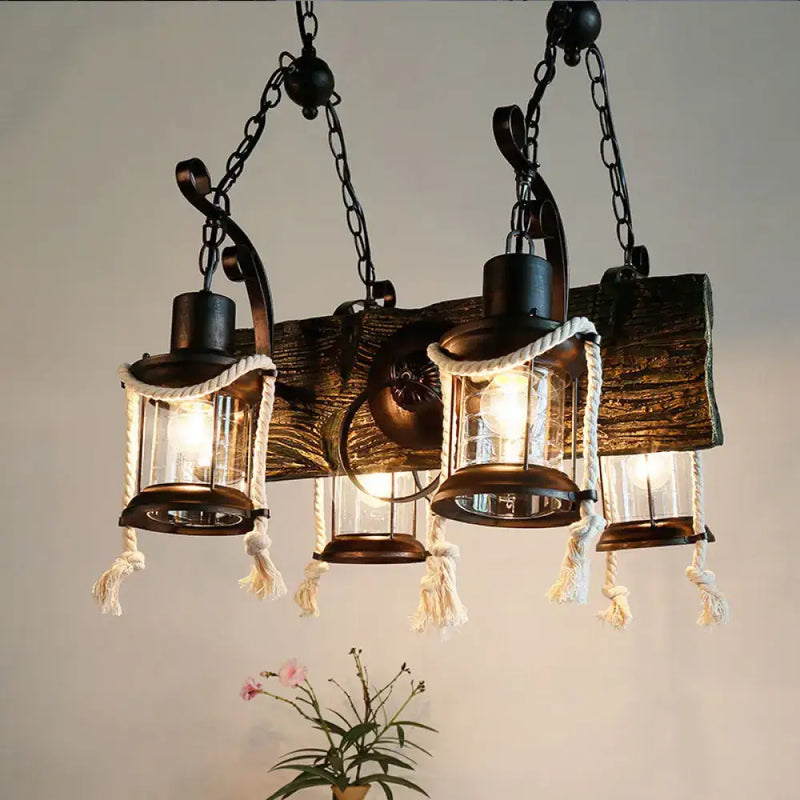 Rustic wood island lamp with hemp rope lanterns kitchen chandelier