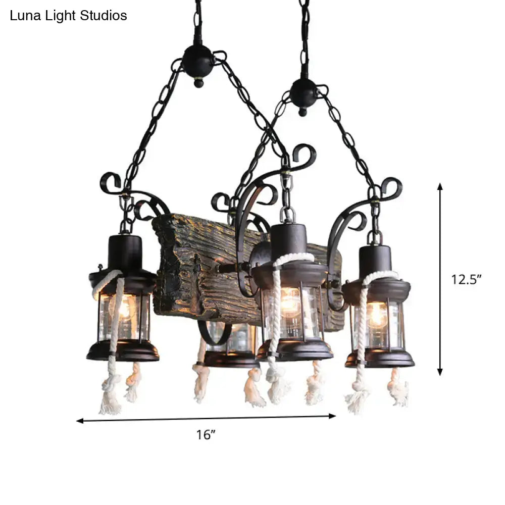 Rustic wood island lamp with hemp rope lanterns kitchen chandelier
