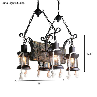 Rustic wood island lamp with hemp rope lanterns kitchen chandelier