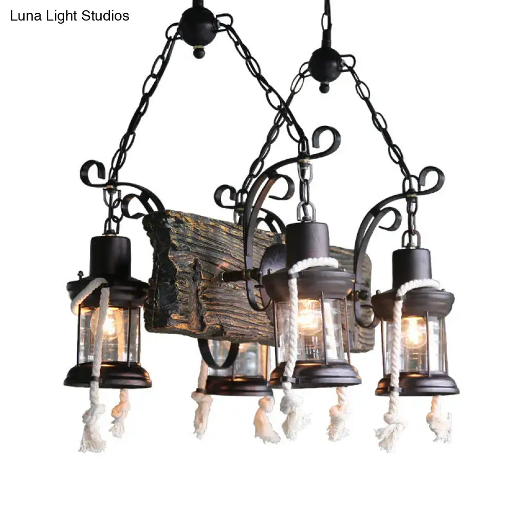 Rustic wood island lamp with hemp rope lanterns kitchen chandelier