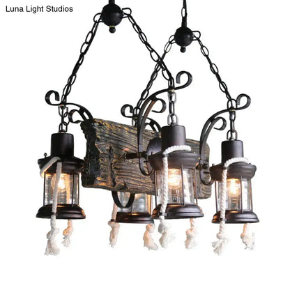 Rustic wood island lamp with hemp rope lanterns kitchen chandelier