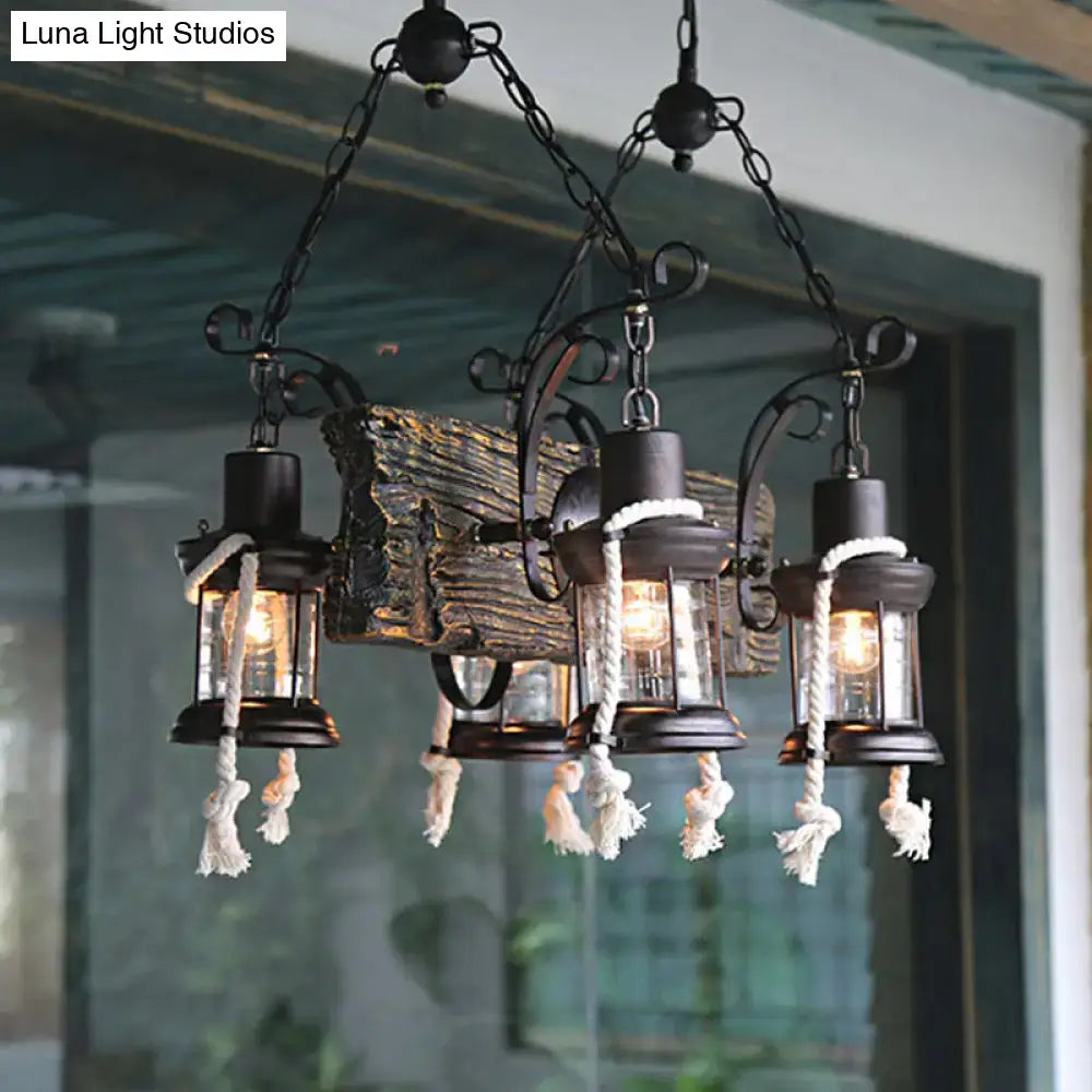 Rustic wood island lamp with hemp rope lanterns kitchen chandelier